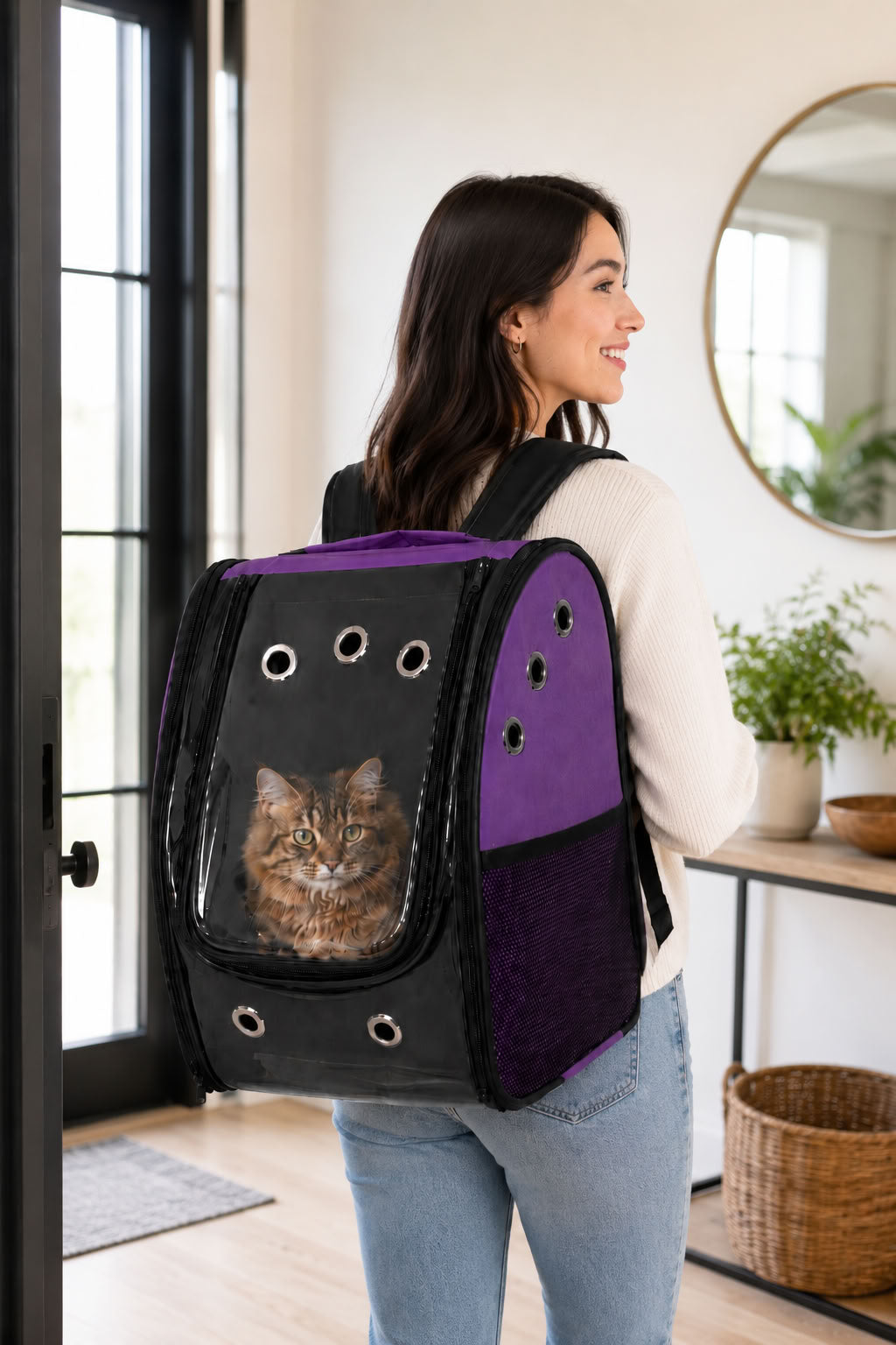 Kedi Sırt Taşıma Çantası 11 Hava Kanalı (Mor)
