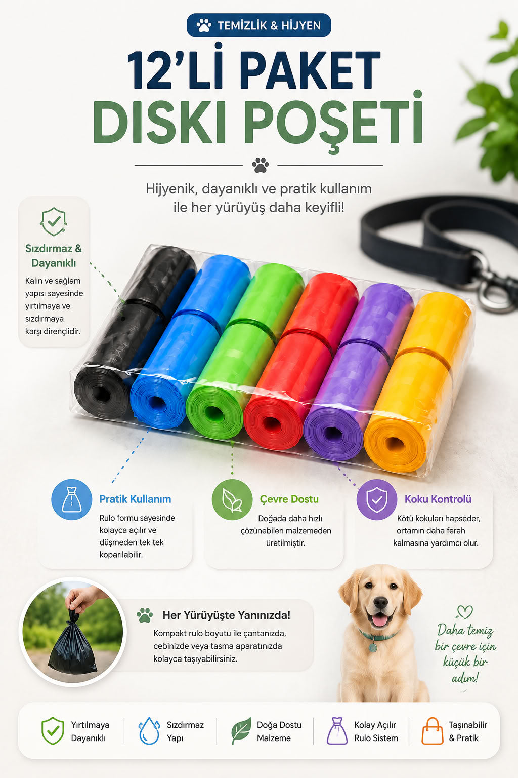 12'li Paket Rulo Köpek Kaka ve Dışkı Poşeti