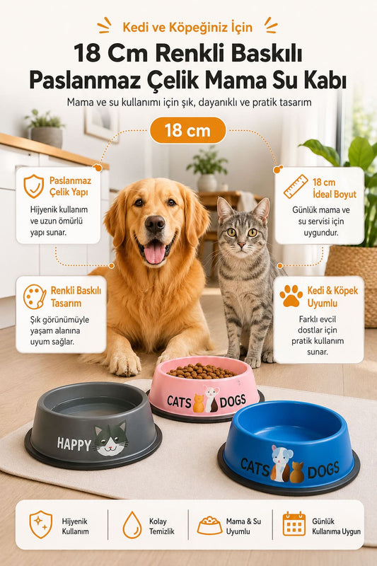 18 cm renkli baskılı paslanmaz çelik kedi ve köpek mama su kabı, hijyenik, kolay temizlenen, günlük mama ve su kullanımına uygun evcil hayvan mama kabı