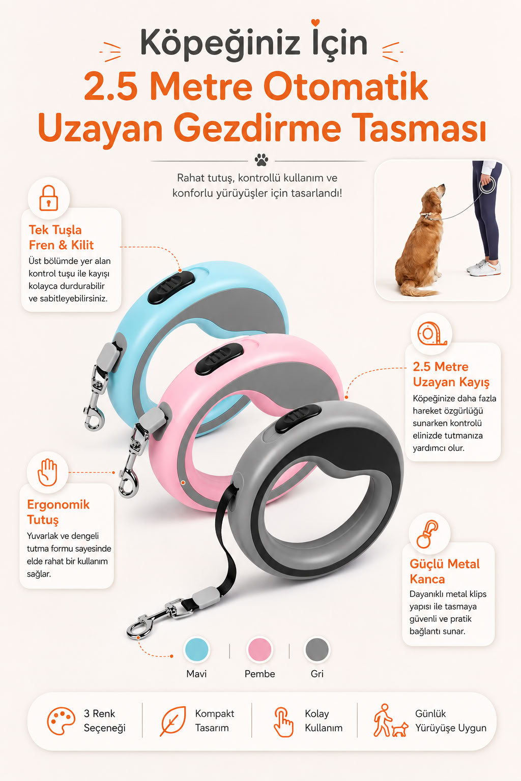2.5 metre otomatik uzayan köpek gezdirme tasması, fren ve kilit sistemli, ergonomik tutuşlu, güçlü metal kancalı, mavi pembe ve gri renk seçenekli köpek tasması