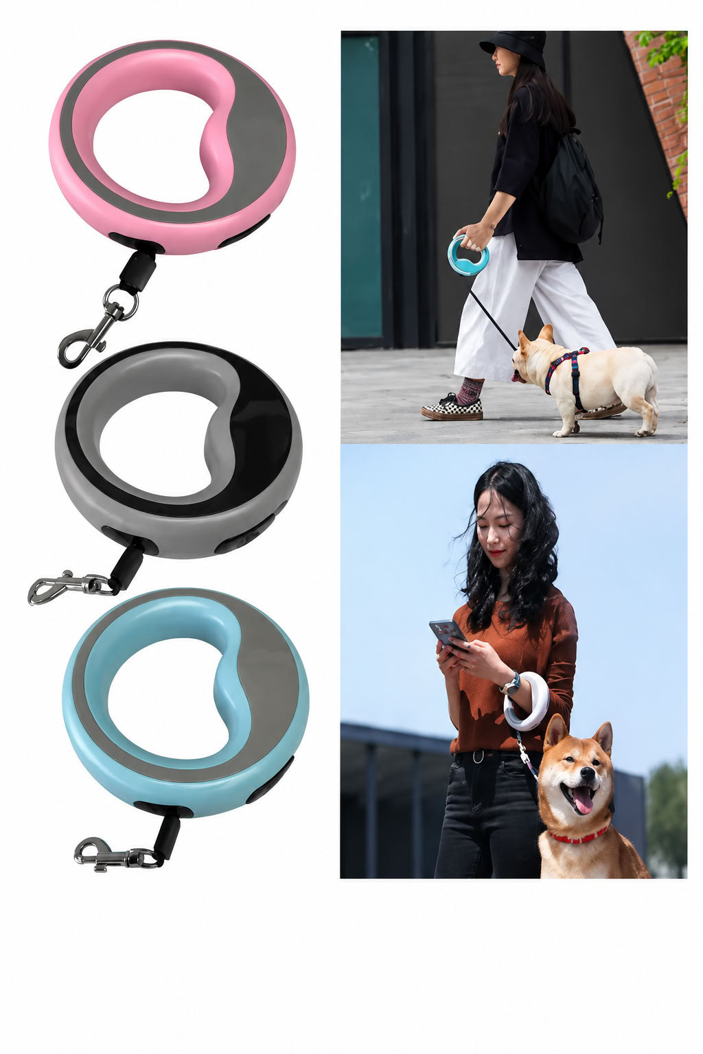 2.5 metre otomatik uzayan köpek gezdirme tasması, fren ve kilit sistemli, ergonomik tutuşlu, güçlü metal kancalı, mavi pembe ve gri renk seçenekli köpek tasması