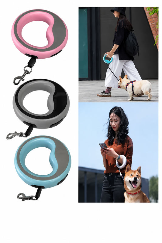 2.5 metre otomatik uzayan köpek gezdirme tasması, fren ve kilit sistemli, ergonomik tutuşlu, güçlü metal kancalı, mavi pembe ve gri renk seçenekli köpek tasması