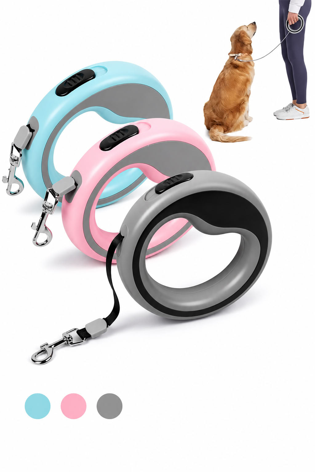 2.5 metre otomatik uzayan köpek gezdirme tasması, fren ve kilit sistemli, ergonomik tutuşlu, güçlü metal kancalı, mavi pembe ve gri renk seçenekli köpek tasması