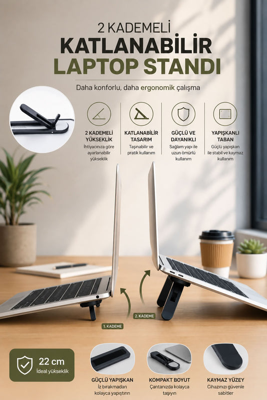 2 kademeli katlanabilir laptop standı, yapışkanlı tabanlı taşınabilir notebook yükseltici ve kaymaz ergonomik bilgisayar standı