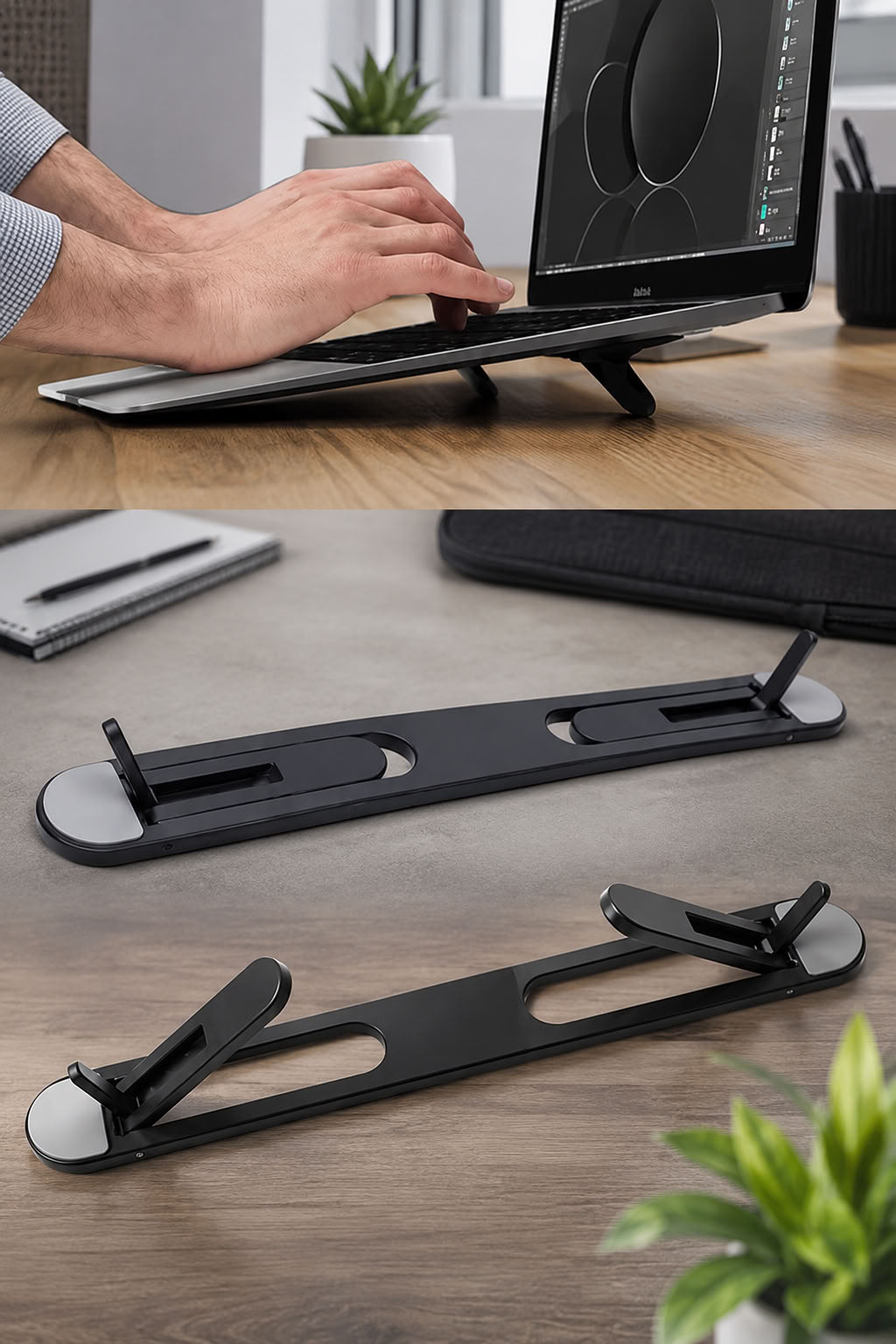 2 kademeli katlanabilir laptop standı, yapışkanlı tabanlı taşınabilir notebook yükseltici ve kaymaz ergonomik bilgisayar standı