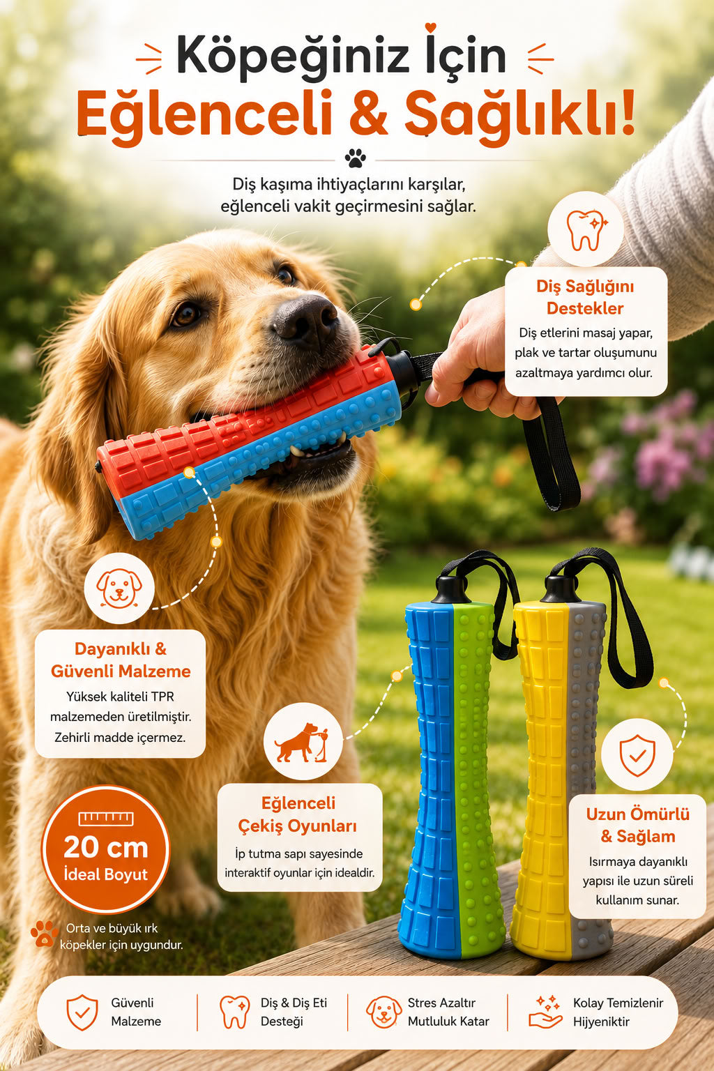20 cm TPR köpek diş kaşıma oyuncağı, çekiş saplı, dokulu yüzeyli, diş eti masajına yardımcı, orta ve büyük ırk köpekler için dayanıklı çiğneme oyuncağı