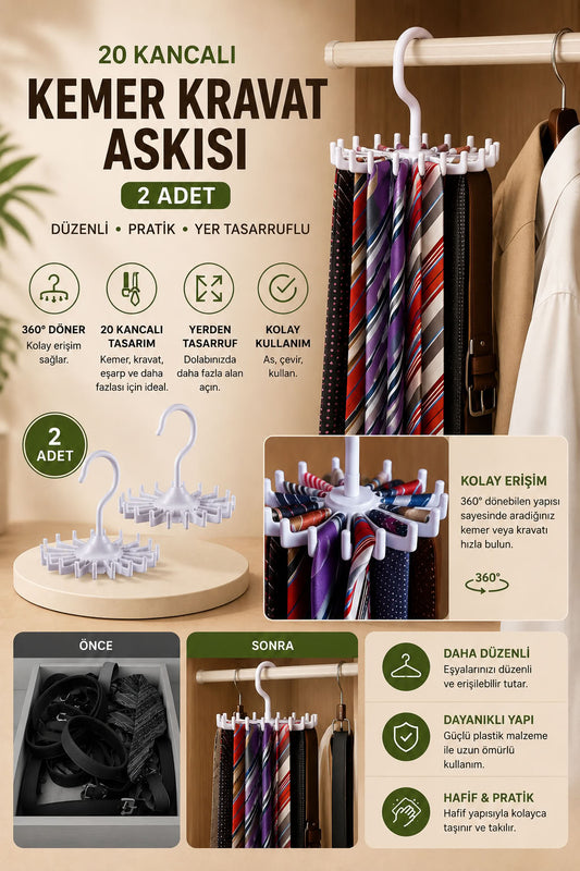20 kancalı kemer kravat askısı 2 adet, 360 derece döner dolap içi organizer askı, kemer kravat eşarp şal düzenleyici