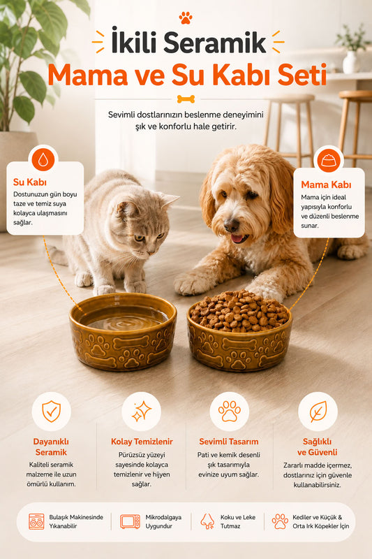 2’li seramik mama su kabı kahverengi, pati ve kemik kabartmalı tasarım, kedi mama kabı, kedi su kabı, seramik mama kabı, mama ve su kabı seti