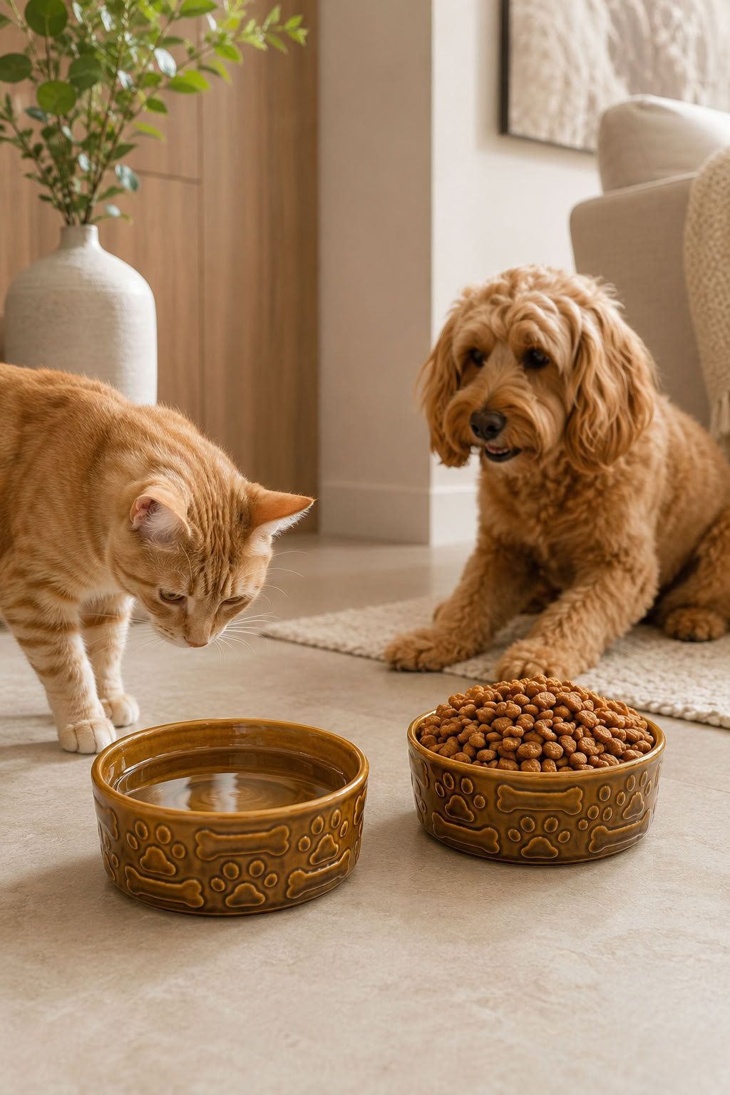 2’li seramik mama su kabı kahverengi, pati ve kemik kabartmalı tasarım, kedi mama kabı, kedi su kabı, seramik mama kabı, mama ve su kabı seti