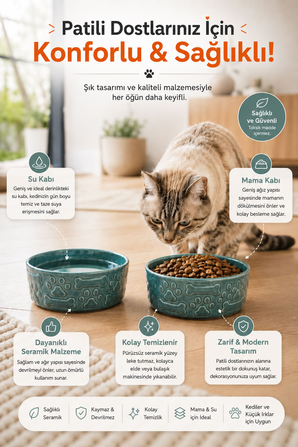 2’li seramik mama su kabı, mavi pati ve kemik kabartmalı tasarım, kedi mama kabı, kedi su kabı, seramik mama kabı, mama ve su kabı seti