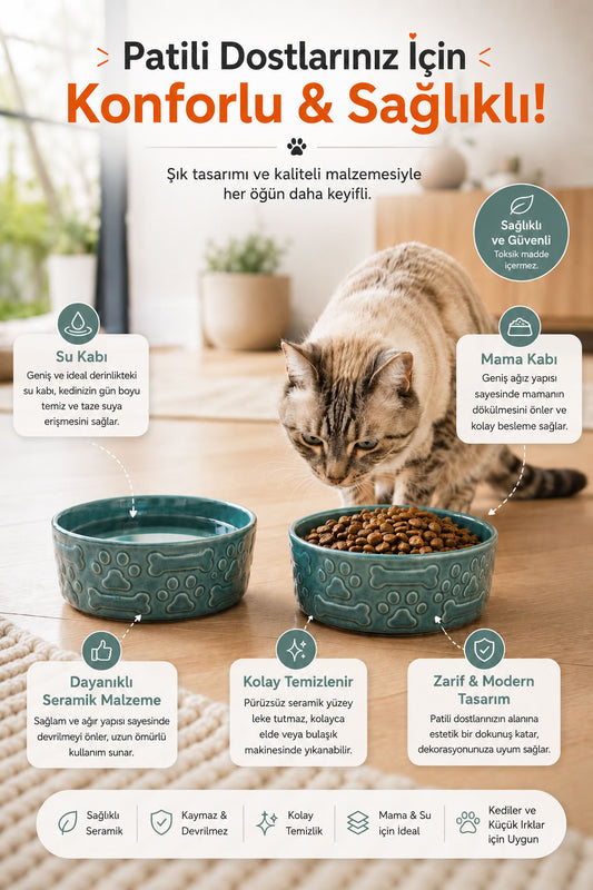 2’li seramik mama su kabı, mavi pati ve kemik kabartmalı tasarım, kedi mama kabı, kedi su kabı, seramik mama kabı, mama ve su kabı seti