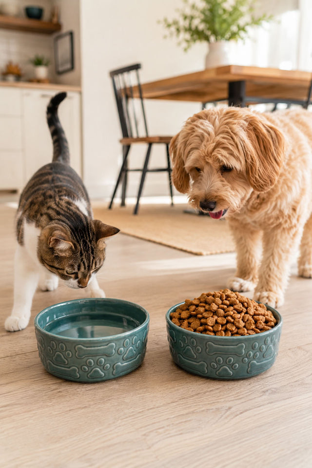 2’li seramik mama su kabı, mavi pati ve kemik kabartmalı tasarım, kedi mama kabı, kedi su kabı, seramik mama kabı, mama ve su kabı seti