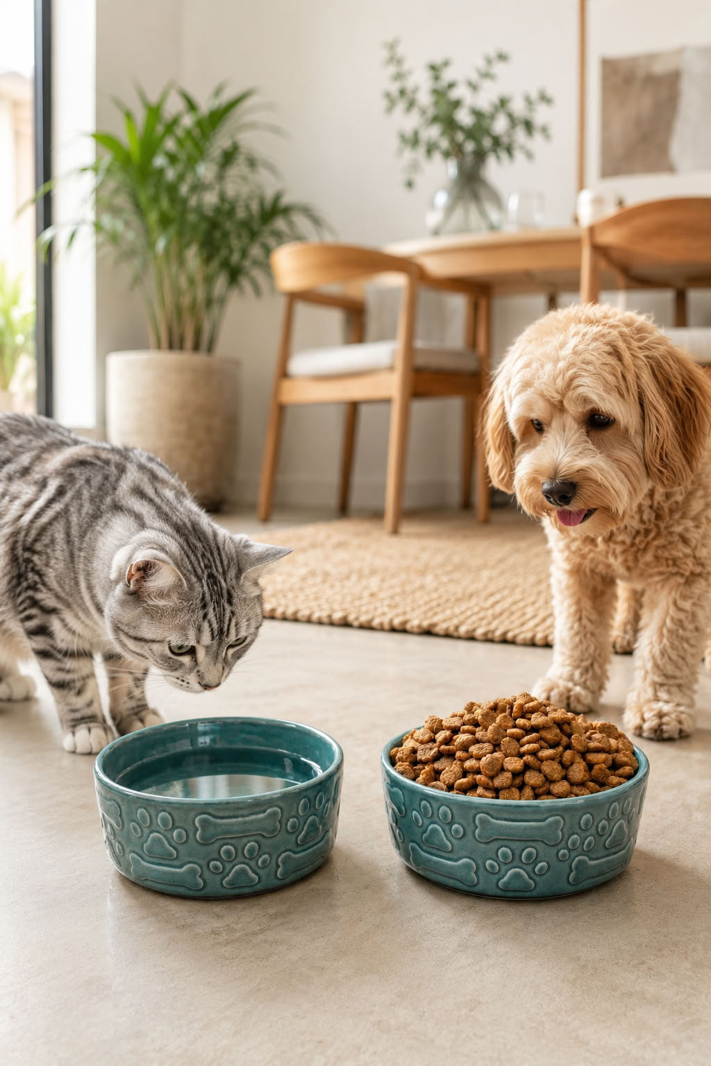 2’li seramik mama su kabı, mavi pati ve kemik kabartmalı tasarım, kedi mama kabı, kedi su kabı, seramik mama kabı, mama ve su kabı seti