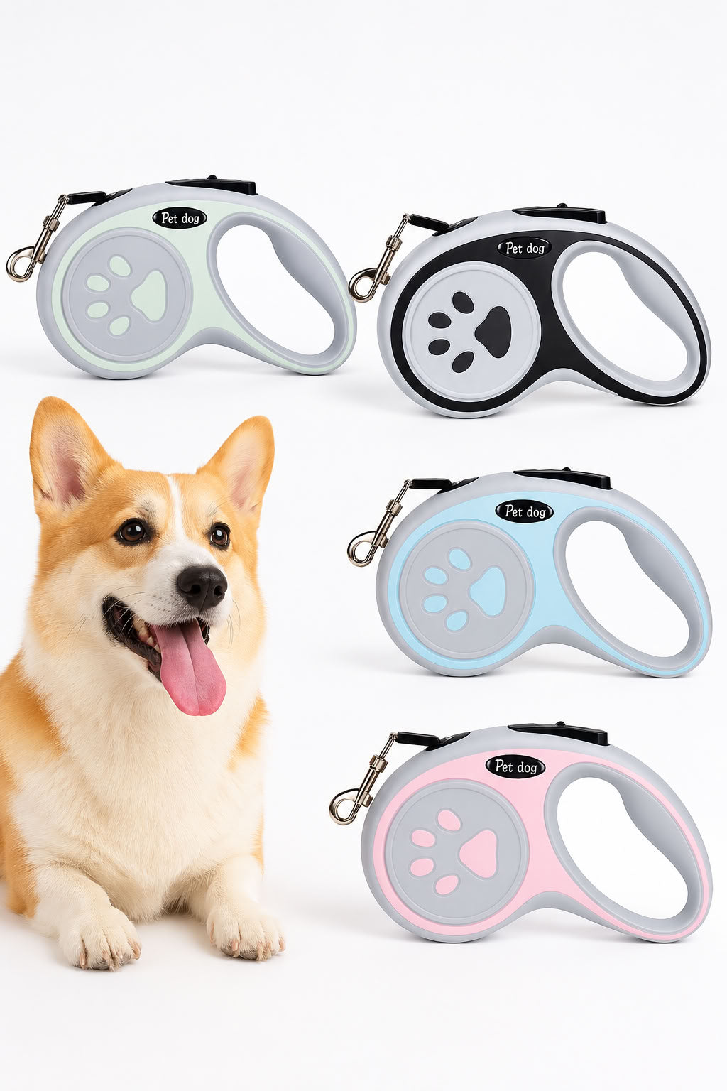 3 metre otomatik uzayan köpek gezdirme tasması, tek tuş kilit sistemli, ergonomik tutma saplı, güçlü metal kancalı, mavi siyah mint yeşili ve pembe renk seçenekli otomatik tasma