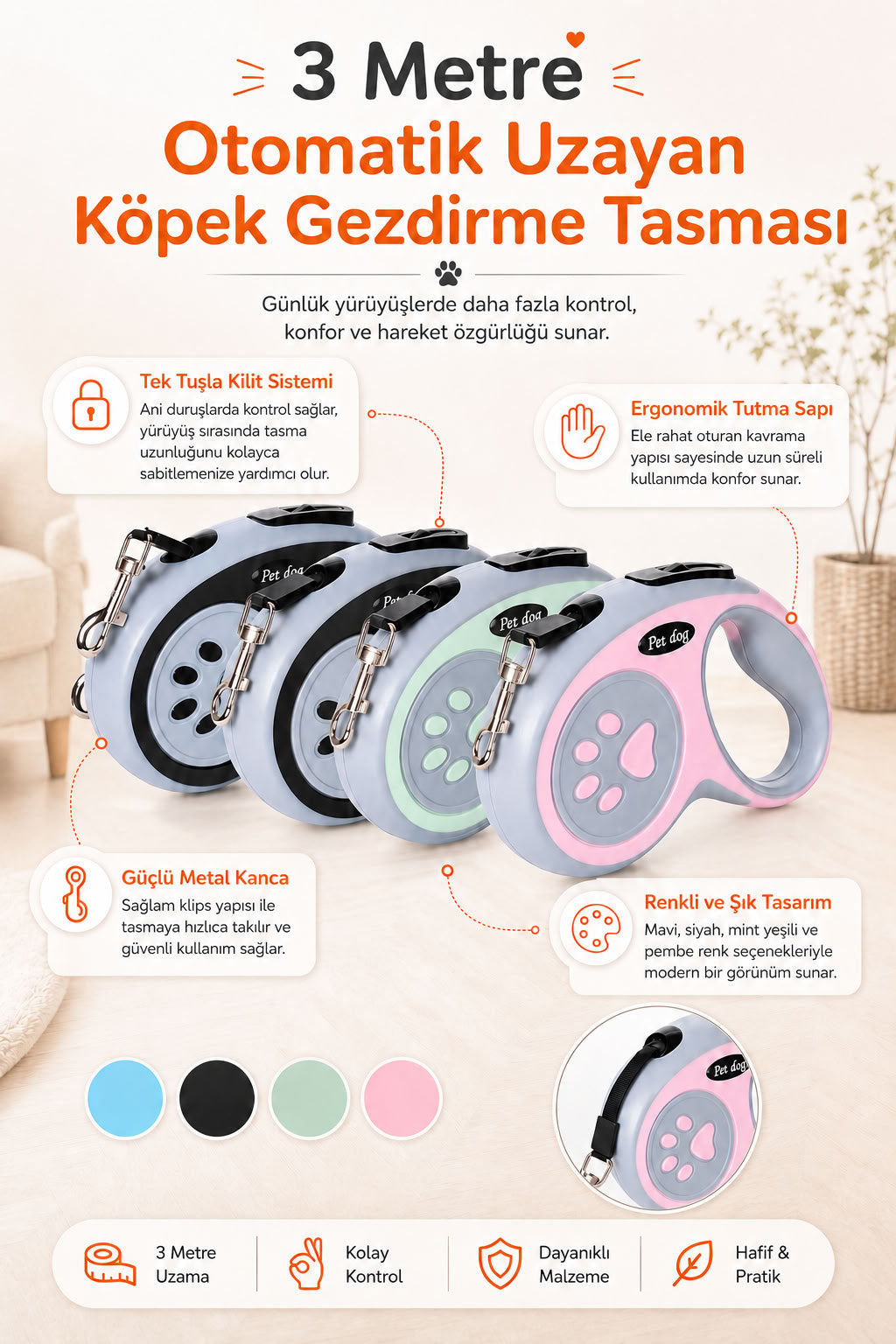 3 metre otomatik uzayan köpek gezdirme tasması, tek tuş kilit sistemli, ergonomik tutma saplı, güçlü metal kancalı, mavi siyah mint yeşili ve pembe renk seçenekli otomatik tasma