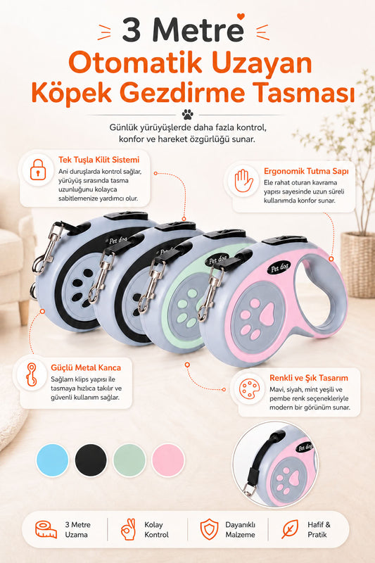 3 metre otomatik uzayan köpek gezdirme tasması, tek tuş kilit sistemli, ergonomik tutma saplı, güçlü metal kancalı, mavi siyah mint yeşili ve pembe renk seçenekli otomatik tasma