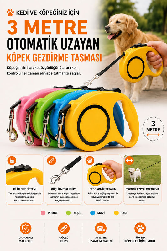 3 metre otomatik uzayan köpek gezdirme tasması, kilitli mekanizmalı, ergonomik tutma saplı, güçlü metal klipsli, kedi ve küçük ırk köpekler için otomatik tasma
