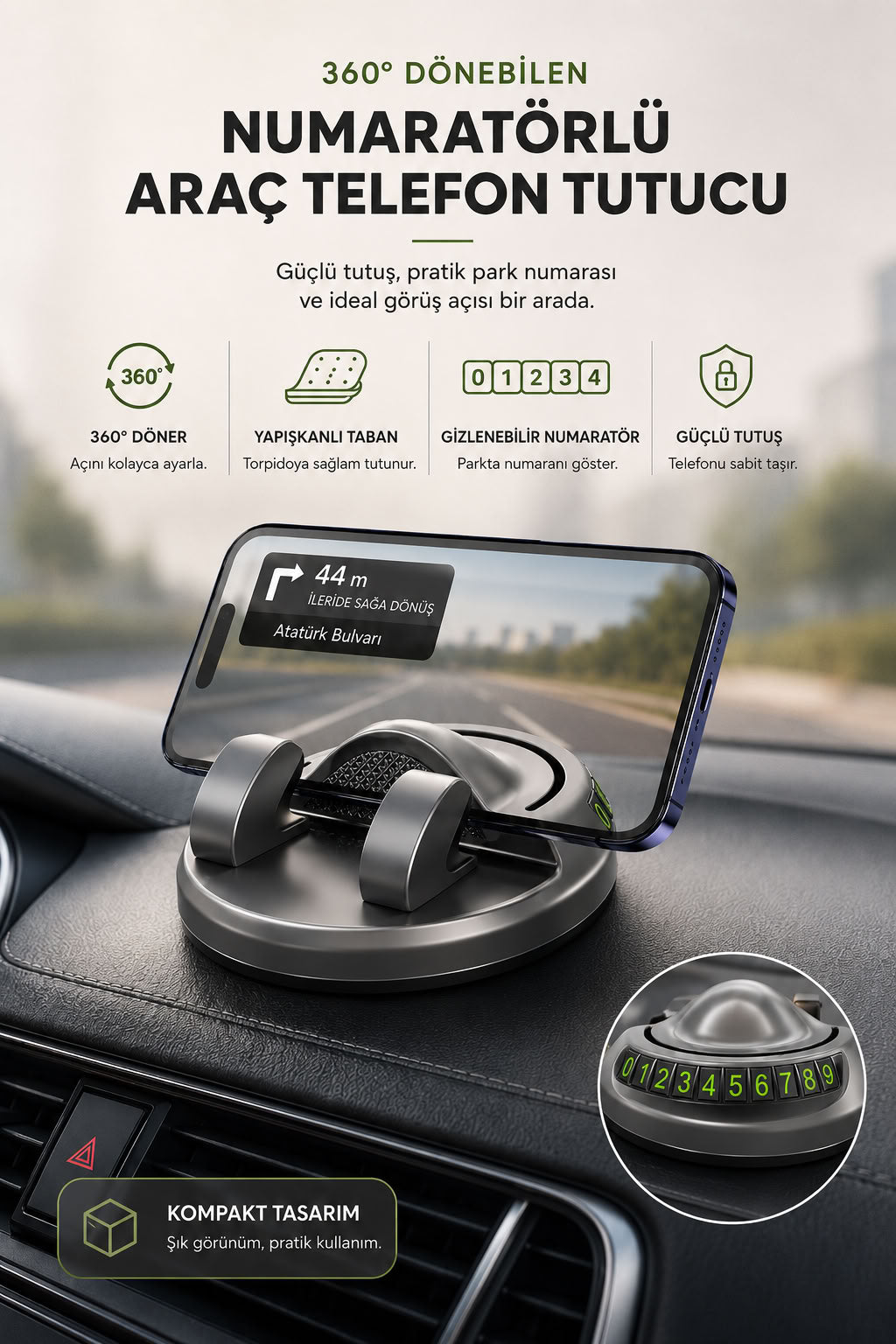 360 derece dönebilen numaratörlü araç telefon tutucu, yapışkanlı torpido üstü araba telefon tutacağı ve gizlenebilir park numaratörü