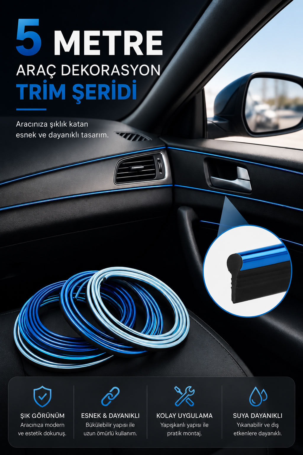 5 metre mavi araç içi neon trim şeridi, esnek yapılı araç dekorasyon şeridi ve modern araba içi süs aksesuarı