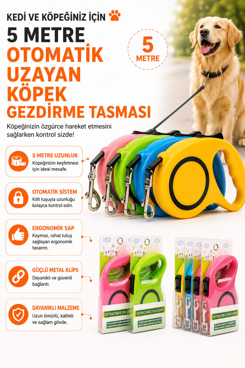 5 metre otomatik uzayan köpek gezdirme tasması, kilitli sistemli, ergonomik saplı, güçlü metal klipsli, küçük ve orta ırk köpekler için uzayan tasma