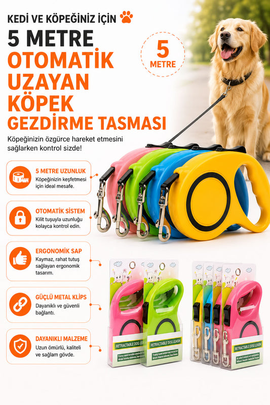 5 metre otomatik uzayan köpek gezdirme tasması, kilitli sistemli, ergonomik saplı, güçlü metal klipsli, küçük ve orta ırk köpekler için uzayan tasma