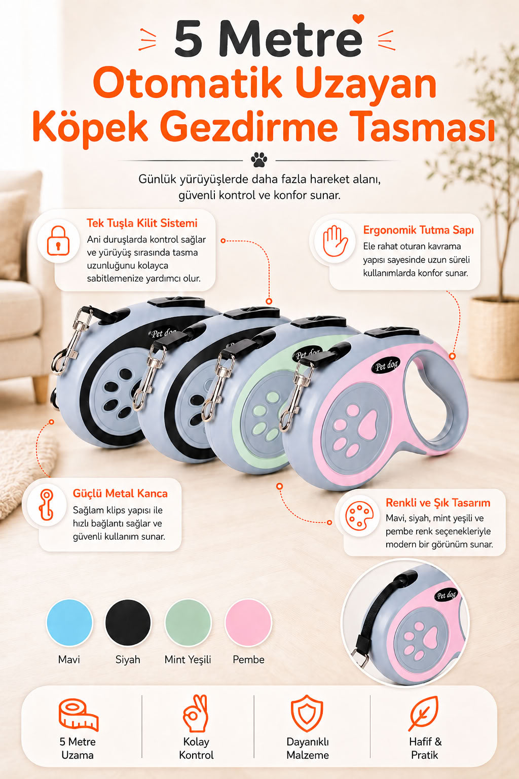 5 metre otomatik uzayan köpek gezdirme tasması, tek tuş kilit sistemli, ergonomik tutma saplı, güçlü metal kancalı, mavi siyah mint yeşili ve pembe renk seçenekli köpek tasması