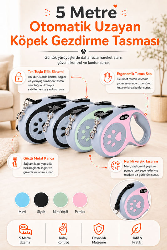 5 metre otomatik uzayan köpek gezdirme tasması, tek tuş kilit sistemli, ergonomik tutma saplı, güçlü metal kancalı, mavi siyah mint yeşili ve pembe renk seçenekli köpek tasması