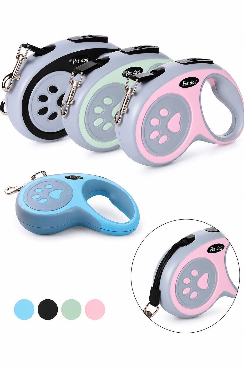 5 metre otomatik uzayan köpek gezdirme tasması, tek tuş kilit sistemli, ergonomik tutma saplı, güçlü metal kancalı, mavi siyah mint yeşili ve pembe renk seçenekli köpek tasması