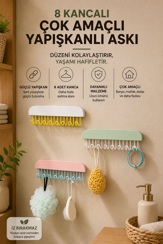 8 kancalı çok amaçlı yapışkanlı askı banyo mutfak duvar organizeri, havlu lif ve aksesuar düzeni sağlayan çok kancalı askılık