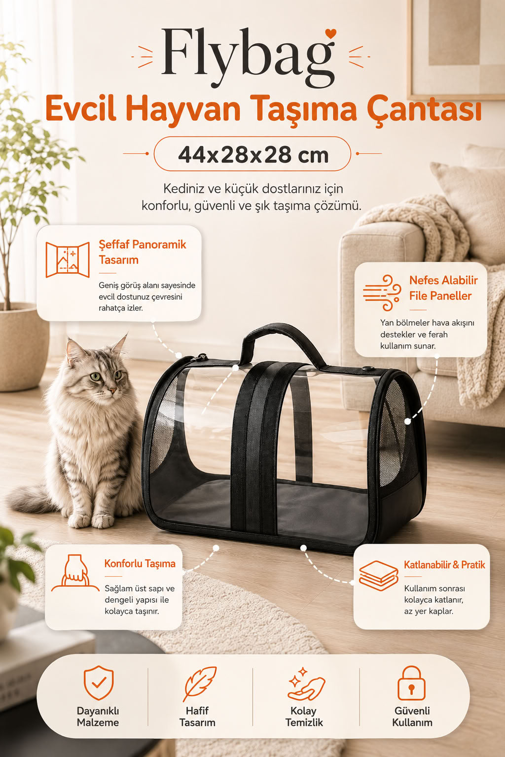 Siyah Kedi Köpek Şeffaf Taşıma Çantası 44x28x28