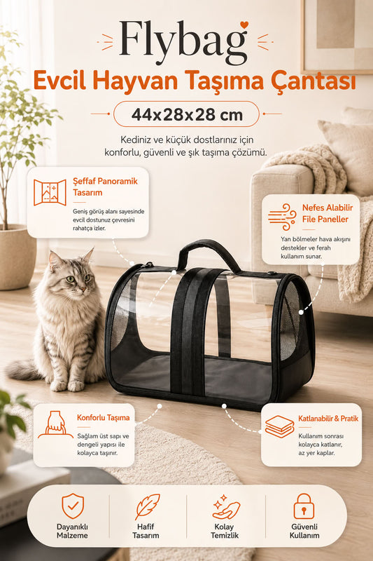 Siyah Kedi Köpek Şeffaf Taşıma Çantası 44x28x28
