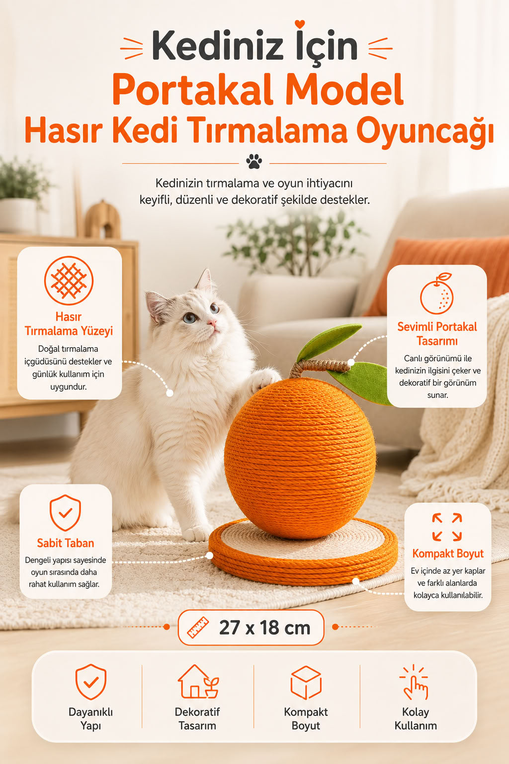 Portakal Model Hasır Kedi Tırmalama Oyuncağı 27x18 cm