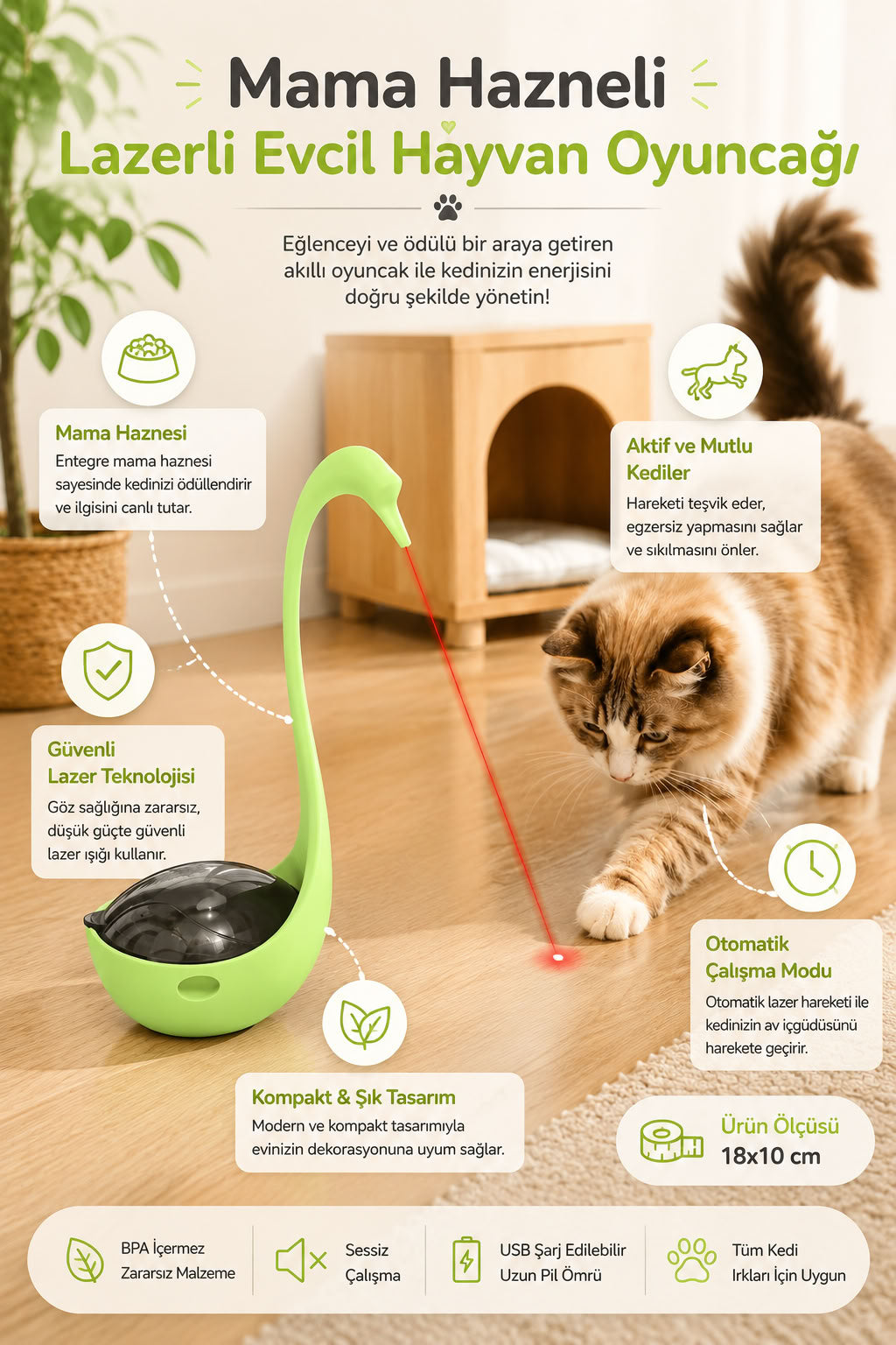 Lazerli Mama Hazneli Kuğu Kedi Oyuncağı (Kutulu)