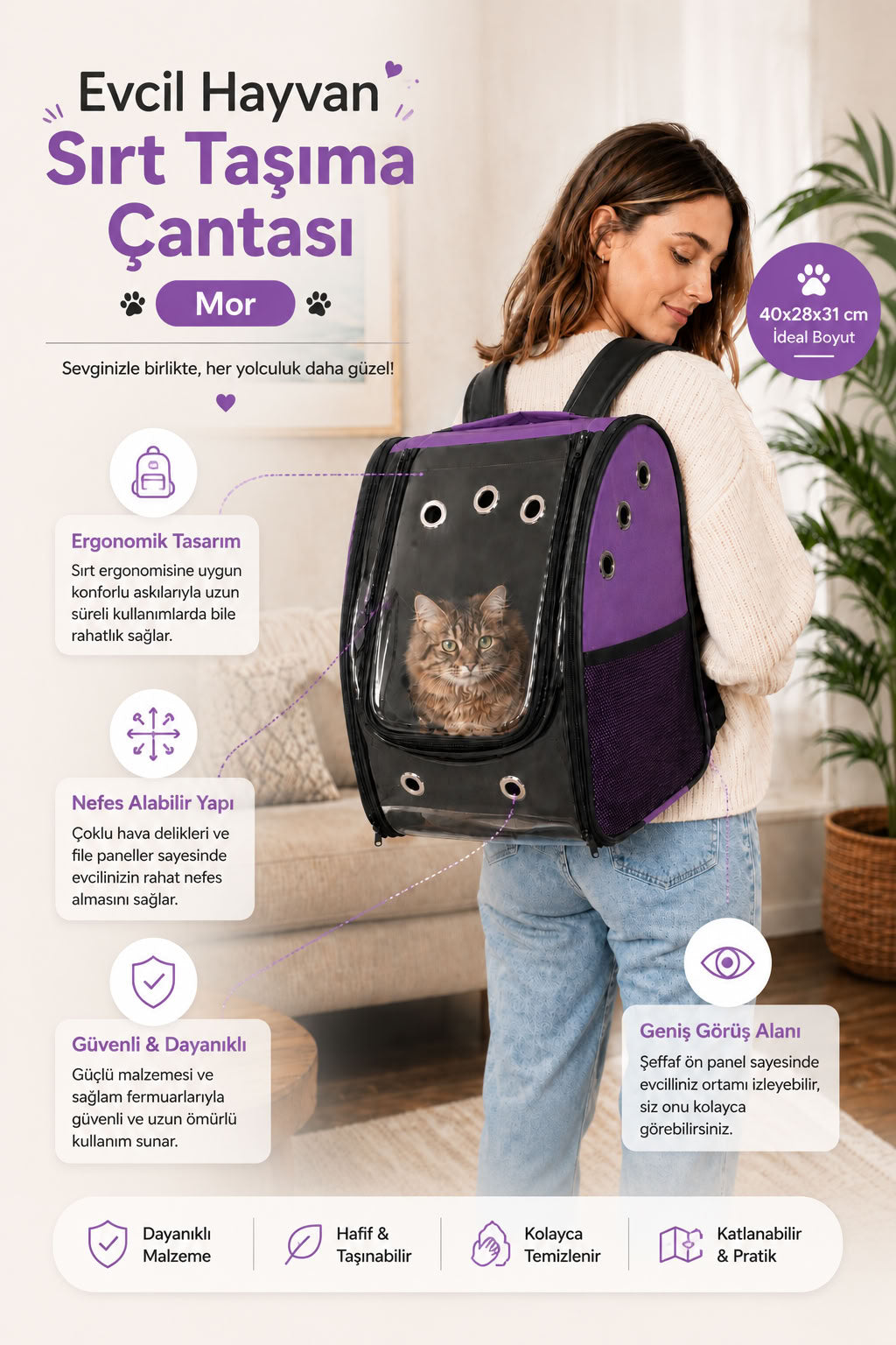 Kedi Sırt Taşıma Çantası 11 Hava Kanalı (Mor)