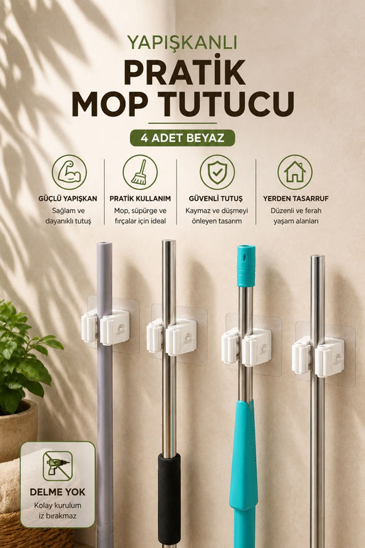1 Adet Yapışkanlı Pratik Mop Tutucu Beyaz