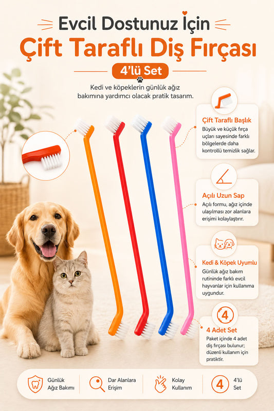 Çift Taraflı 4’lü Köpek ve Kedi Diş Temizleme Fırçası Seti