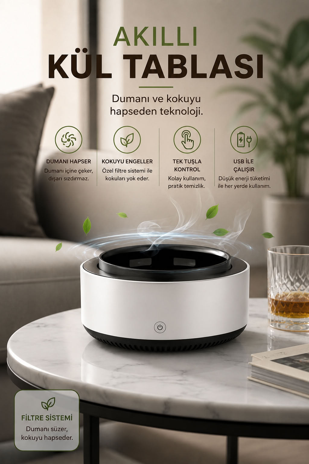 Akıllı kül tablası USB şarjlı filtreli duman kokusu azaltıcı otomatik dumansız küllük, ev ofis araç kullanım için pratik koku önleyici
