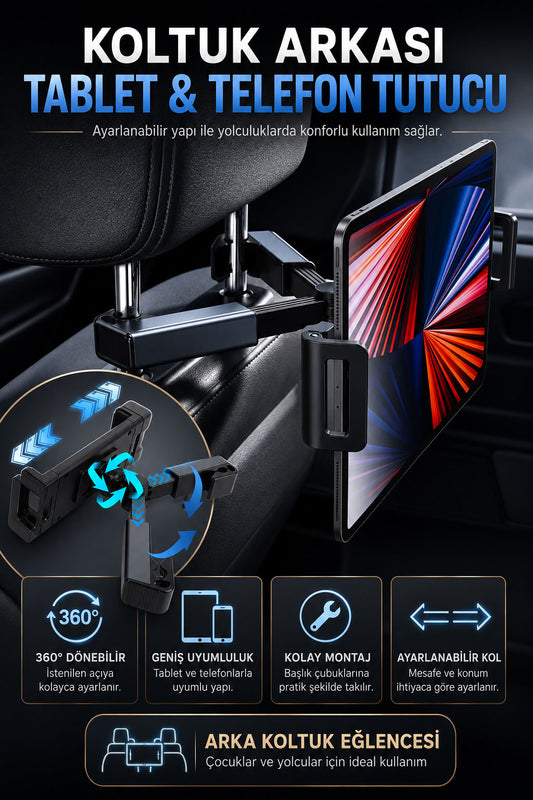 Araç koltuk arkası telefon ve tablet tutucu, 360 derece dönebilen ayarlanabilir araba telefon tutacağı ve araç içi tablet tutucu