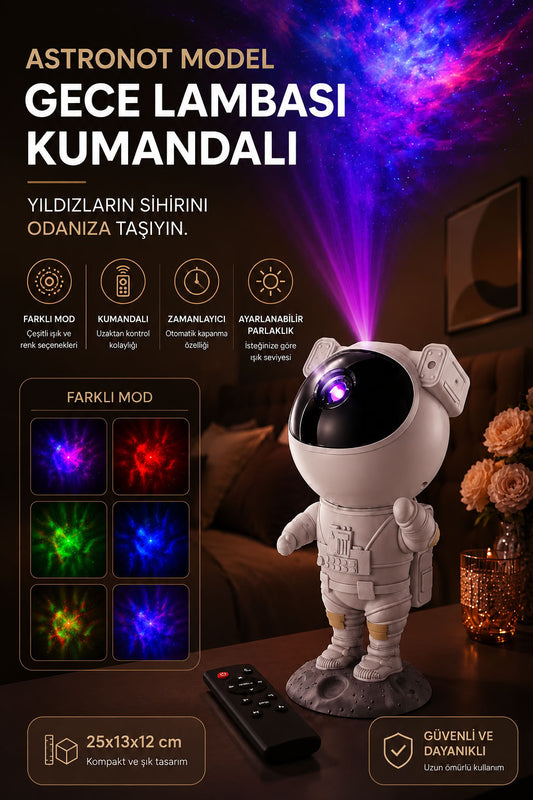 Astronot model kumandalı gece lambası, galaksi projektör, yıldızlı uzay ışığı, renkli modlu zamanlayıcılı oda ambiyans lambası