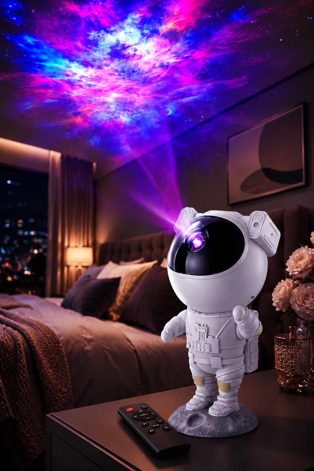 Astronot model kumandalı gece lambası, galaksi projektör, yıldızlı uzay ışığı, renkli modlu zamanlayıcılı oda ambiyans lambası