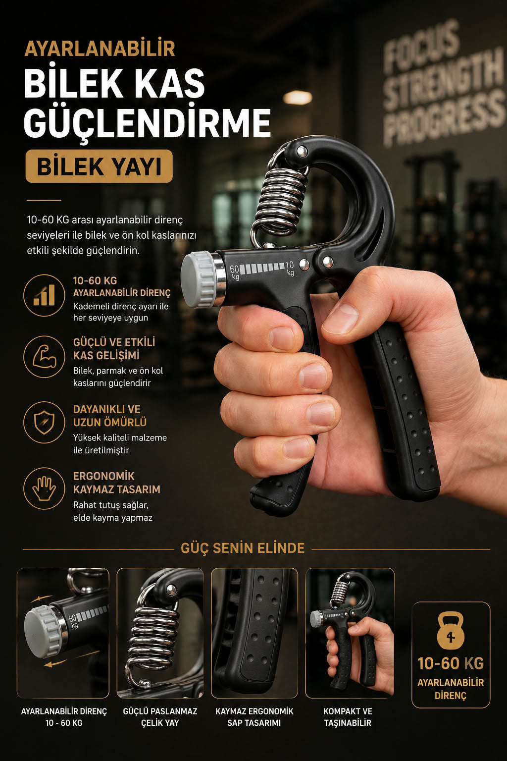 Ayarlanabilir bilek yayı 10-60 kg direnç ayarlı el grip, bilek parmak ve ön kol kas güçlendirme egzersiz aleti
