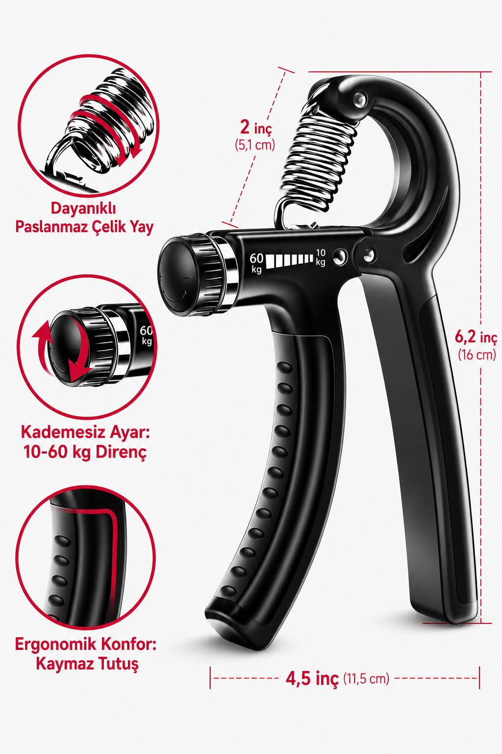 Ayarlanabilir bilek yayı 10-60 kg direnç ayarlı el grip, bilek parmak ve ön kol kas güçlendirme egzersiz aleti