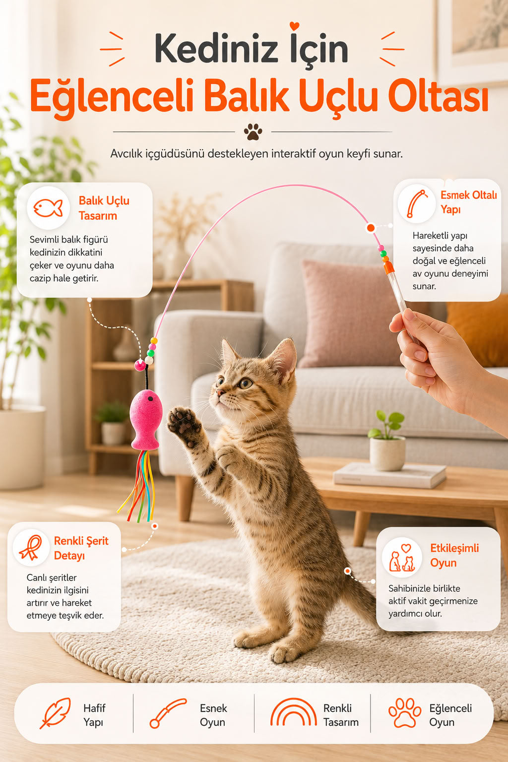Balık uçlu esnek kedi oltası oyuncağı ile oynayan yavru kedi, interaktif kedi oyuncağı