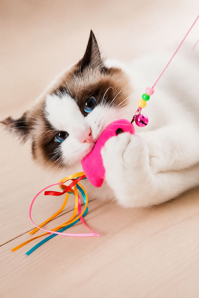 Balık uçlu esnek kedi oltası oyuncağı ile oynayan yavru kedi, interaktif kedi oyuncağı