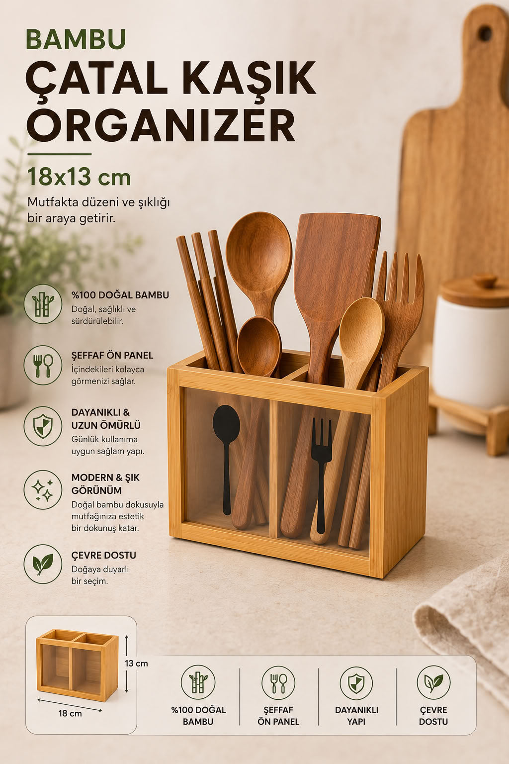 Bambu çatal kaşık organizer 18x13 cm, şeffaf ön panelli doğal bambu mutfak düzenleyici kaşıklık çatallık standı
