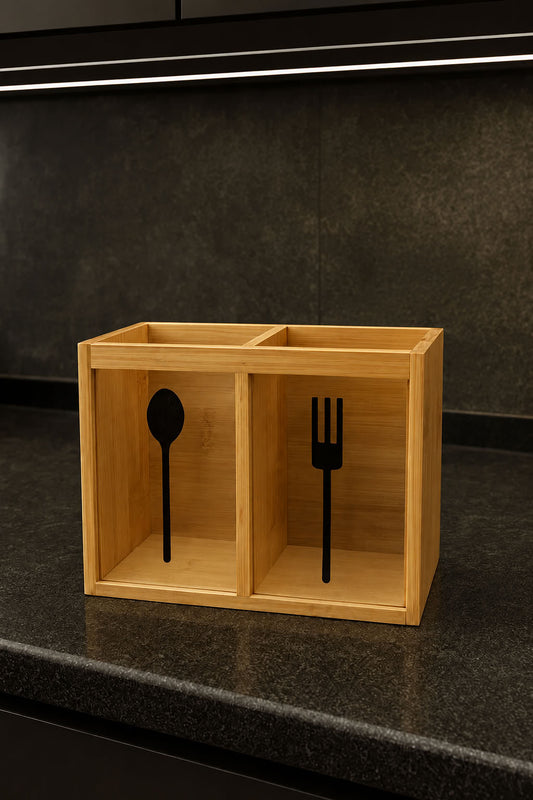 Bambu çatal kaşık organizer 18x13 cm, şeffaf ön panelli doğal bambu mutfak düzenleyici kaşıklık çatallık standı