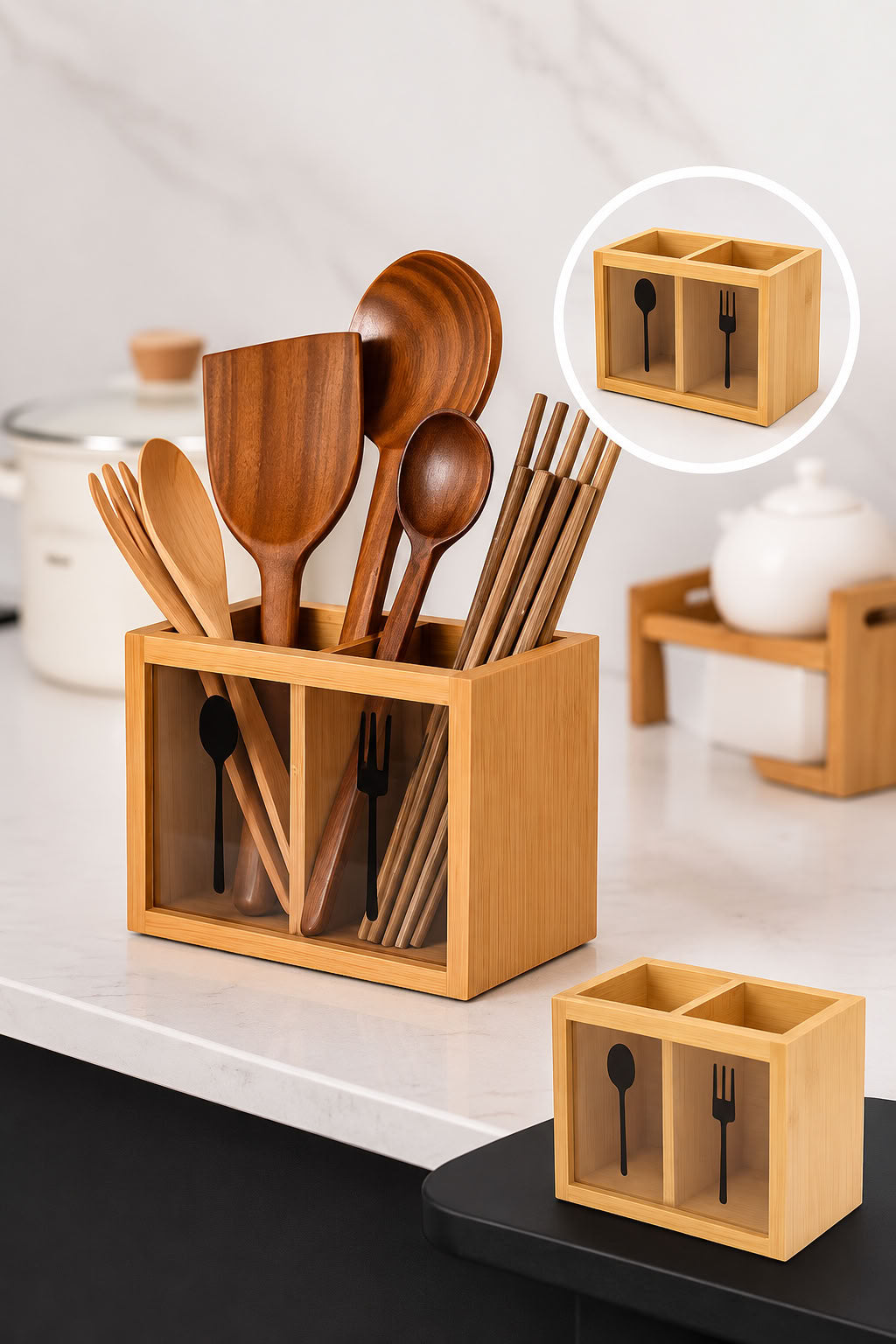 Bambu çatal kaşık organizer 18x13 cm, şeffaf ön panelli doğal bambu mutfak düzenleyici kaşıklık çatallık standı