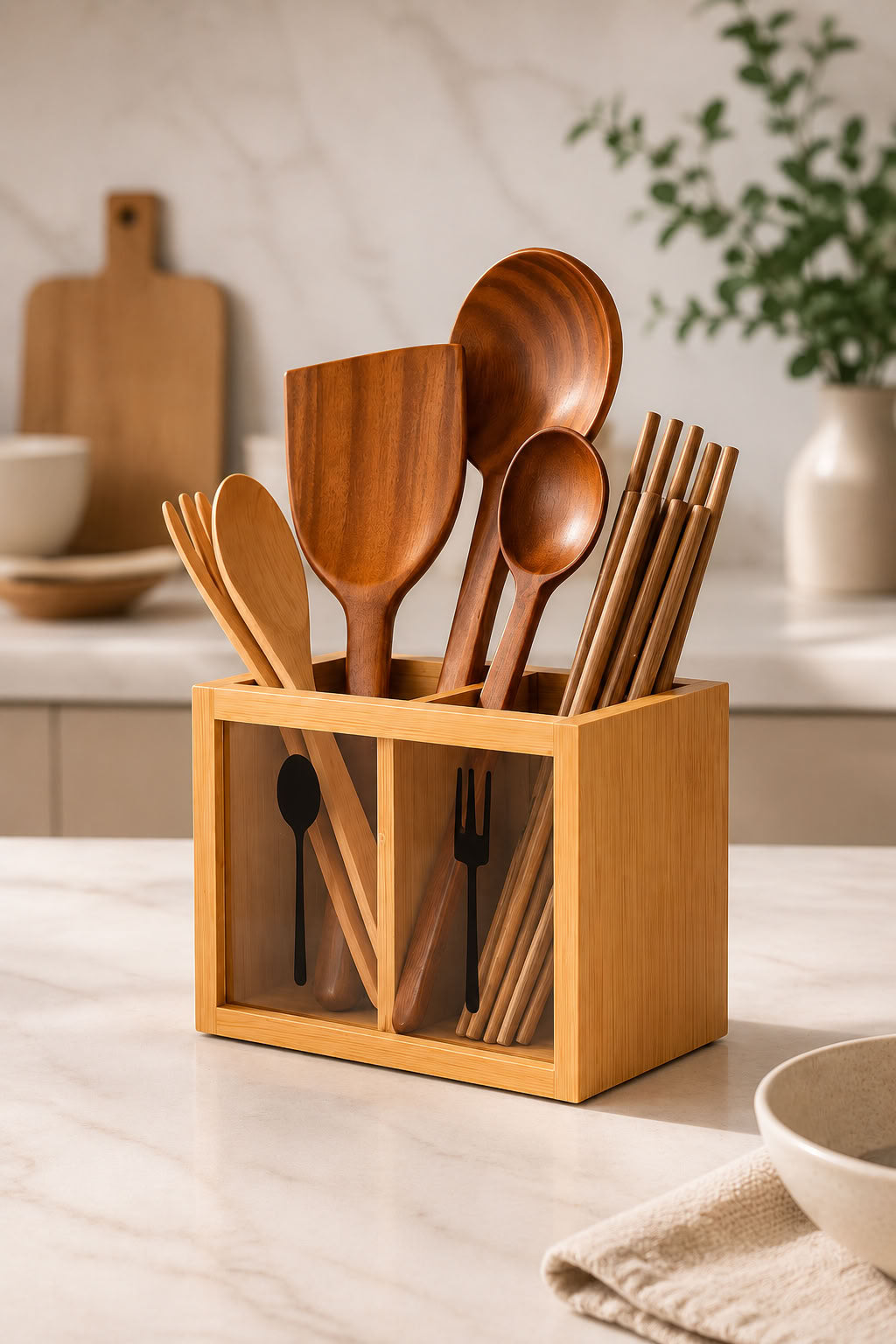 Bambu çatal kaşık organizer 18x13 cm, şeffaf ön panelli doğal bambu mutfak düzenleyici kaşıklık çatallık standı
