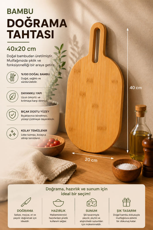 Bambu doğrama tahtası 40x20 cm, saplı askı delikli doğal bambu kesme tahtası, mutfak hazırlık ve sunum tahtası