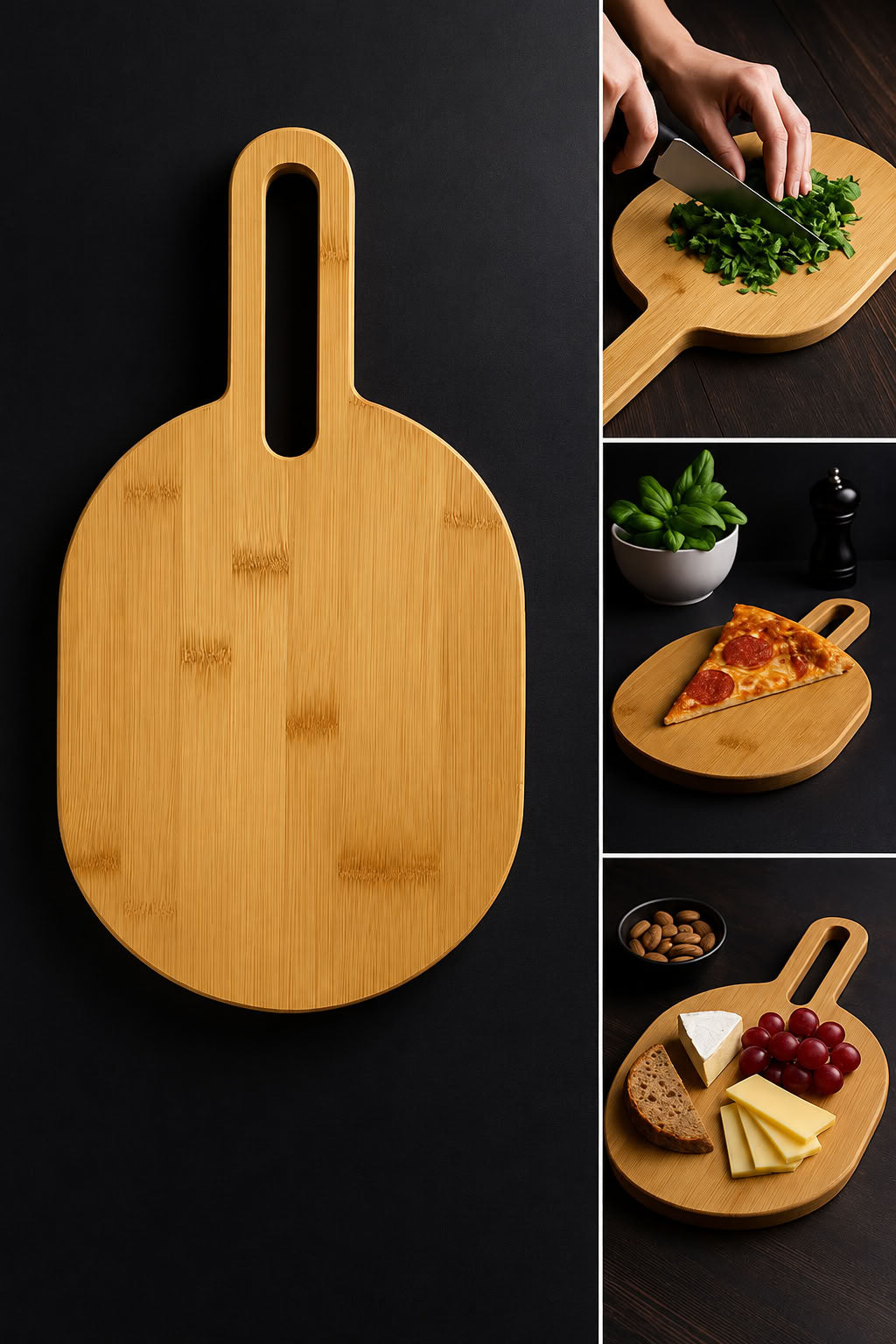 Bambu doğrama tahtası 40x20 cm, saplı askı delikli doğal bambu kesme tahtası, mutfak hazırlık ve sunum tahtası